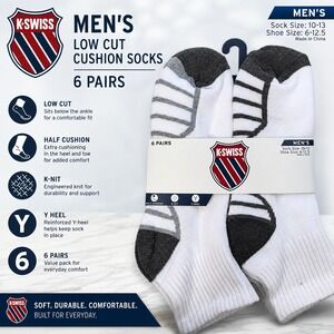 K-Swiss Mens Low Cut Cushion Socks 6 Pairs White Grey Athletic Size 10-13 New
